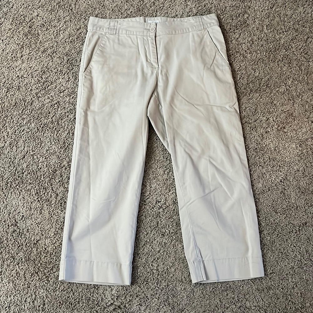 Calvin Klein cropped beige chinos.